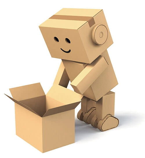 cardboard robot opening a cardboard box